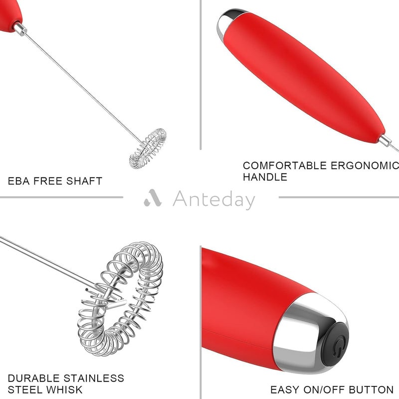 Anteday Electric Milk Frother Handheld For Coffee, Upgraded Motor Electric Whisk Durable Low Noise Mini Drink Mixer Portable Foam Maker For Cold Milk Bulletproof Coffee Latte Cappuccino Matcha in Kitchen, Red - Image 3